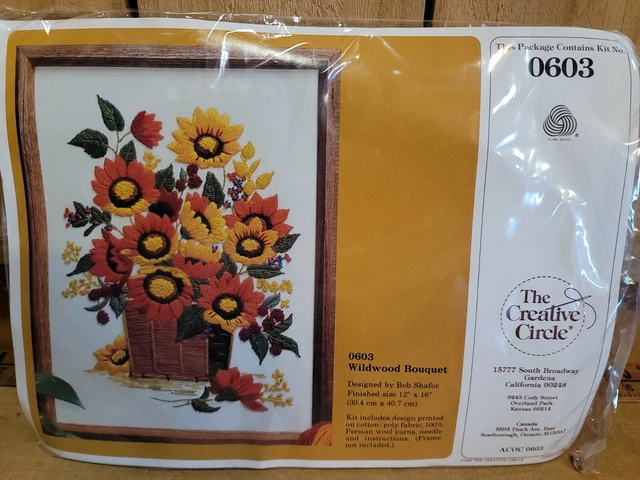 Kit de aguja vintage 1982 Creative Circle #0603 ramo de madera silvestre NUEVO