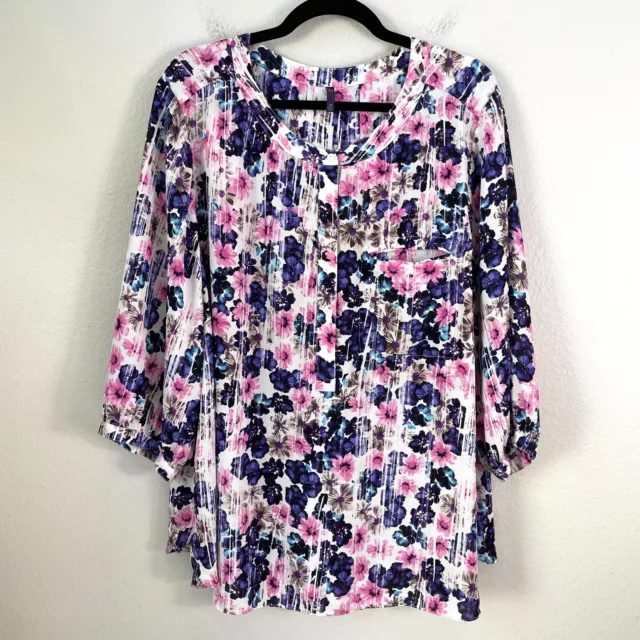 NYDJ Womens Plus 2X Blouse Floral 3/4 Sleeve Pullover Popover Shirt Top
