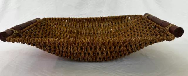 Vintage Seagrass Hand-Woven Cording Wooden Handles Large Oblong Serving Basket