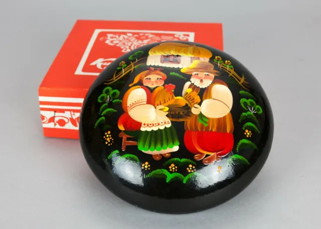 Russian Khokhloma Lacquered Wooden Box Case Hand Painted portagioie bijoux 70s