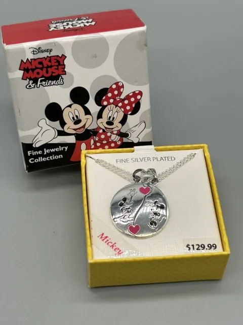 Silver Plated Brass Mickey Minnie Mouse Best Friends Heart Pendant Necklace NEW