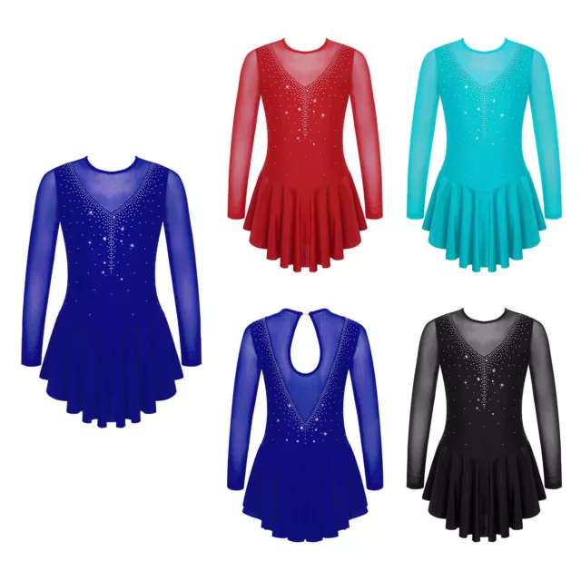 Kids Girls Glitter Figure Ice Skating Roller Skater Dress Ballet Dance Leotards