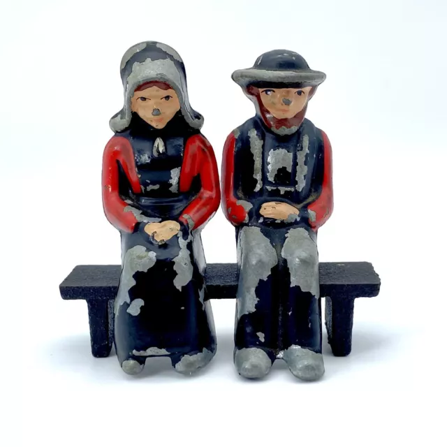 Vintage Cast Iron Salt & Pepper Shakers Dalecraft Amish Man Woman Figures Bench