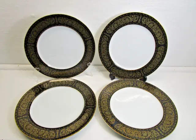 Regency Seyei China #6908 Set of 4 Dinner Plates 10 1/4" Gold Scroll Black Band