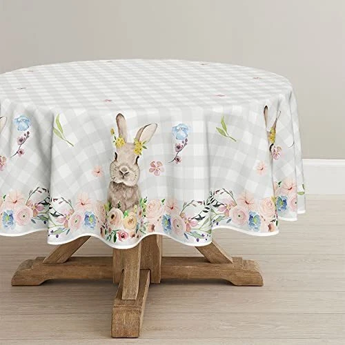 Easter Tablecloth 60x60 Inch Round, Spring Flower Buffalo Plaid Bunny Table