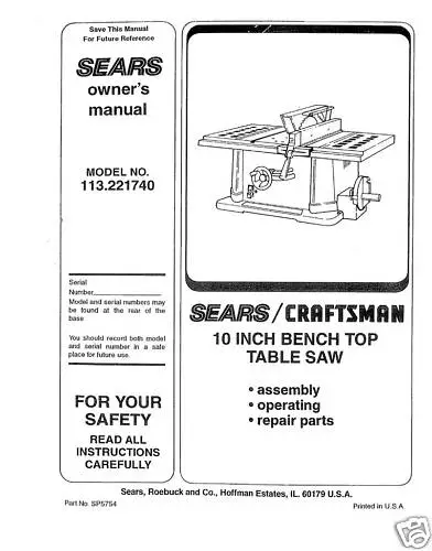 Sears Craftsman  Table Saw Manual Model # 113.221740