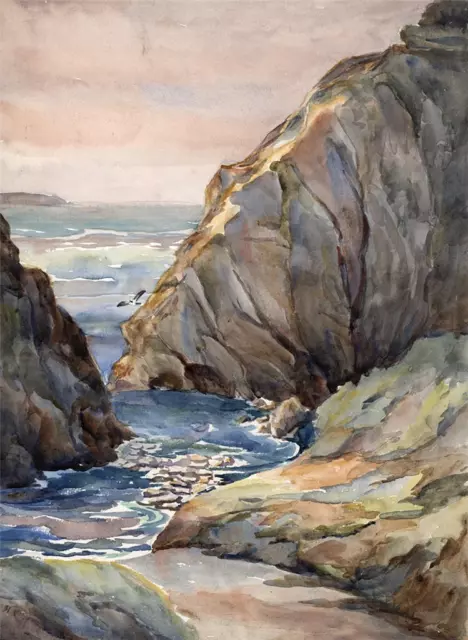 Watercolour Painting - H V Hudson - Rocky Coastline 20th Century Impressionist