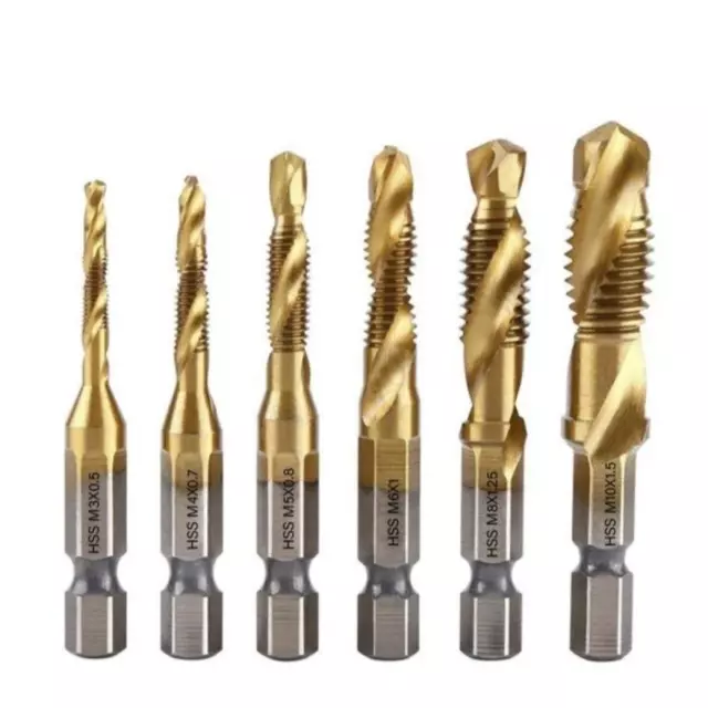 6pcs Set Titanium Plated Hex Shank HSS Screw Thread Metric Tap Drill Bits Screw
