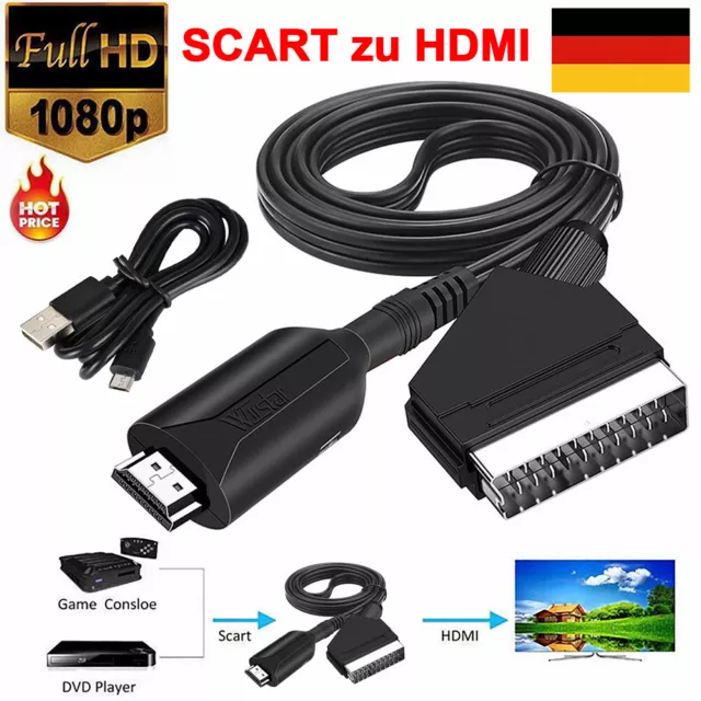 1m SCART zu auf HDMI Konverter Kabel HD Video Audio Adapter Wandler für DVD TV