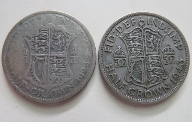 1928 and 1943  circulated Great Britain Half Crowns and free shipping