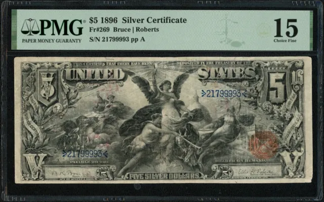 1896 $5 Five Dollar Educational Silver Certificate Note Fr#269 PMG Choice F 15