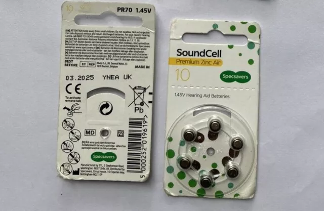 SOUNDCELL/RAYOVAC EXTRA size;10 PR70 Hearing Aid Batteries x 6 1.45v 0% Mercury