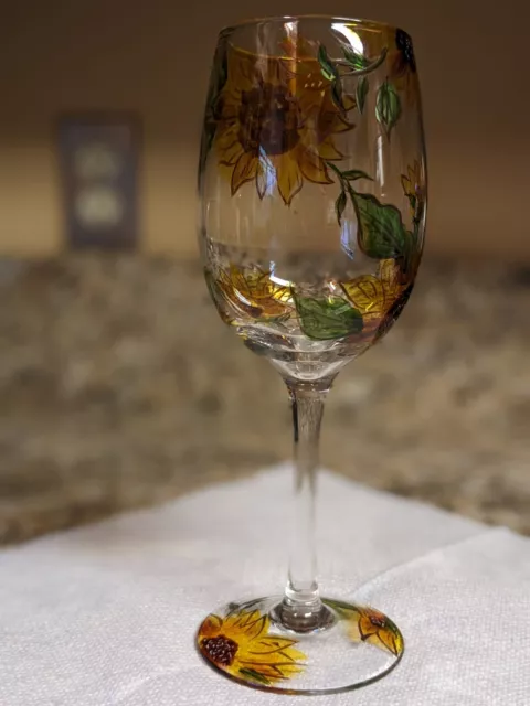 Hand Painted Pier 1 Amber Glass Crackle Stem Fall Leaves Wine Glass Goblet  Ooak