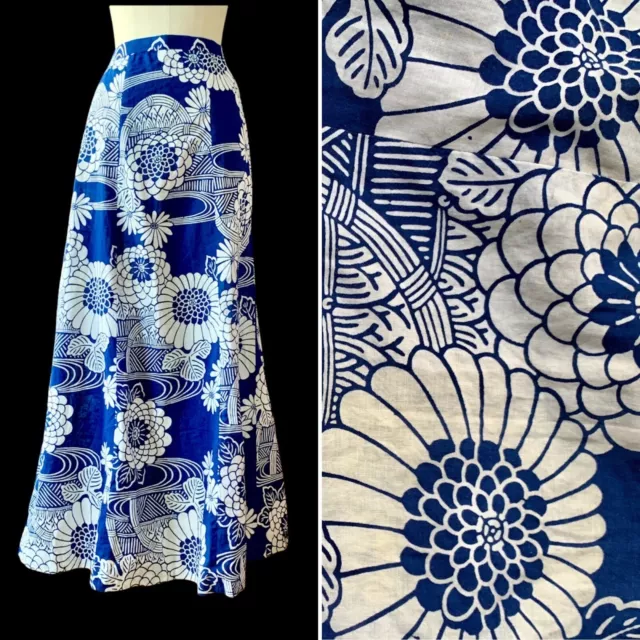 Vintage MAXI Skirt 40s 50s Japanese Blue Floral Print M/L