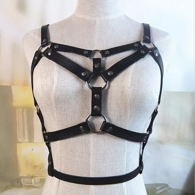 Sexy Women Punk Nightclub Halterneck Leather Harness Body Bondage Bustier Be -TM