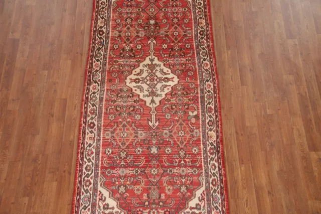 Alfombra de Hamedan Runner Geométrica Vintage Rojo / Marfil 3' 5 "x 9' 9" Alfombra de lana hecha a mano 3