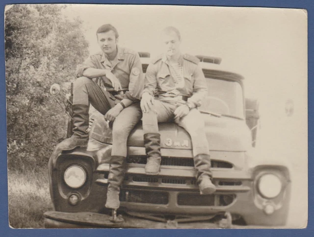 Handsome Military Guys smoking on a ZIL truck Soviet Vintage Photo USSR