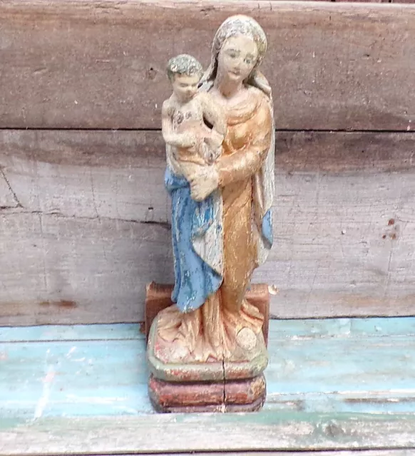French Religious Antique Polychrom Statue Mary and Baby Jesus 1600s/1700s s94