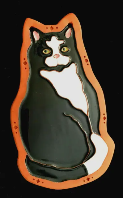 Hand Painted Tile Relief Tuxedo Cat Ceramic Terracotta Clay Wall Plaque