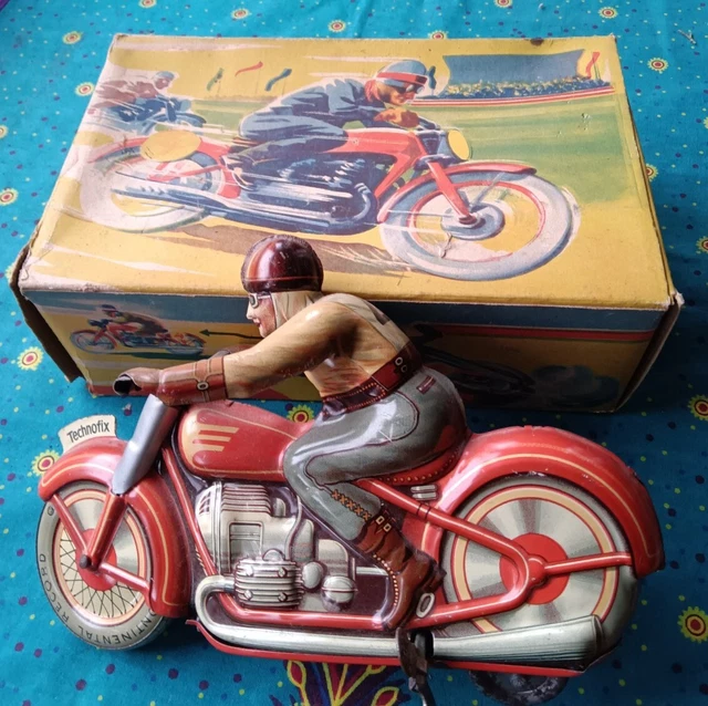 VINTAGE TIN LITHO Wind Up Motorcycle Toy Made In US Zone Germany With