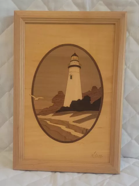 Vintage Hudson River Inlay Marquetry Nantucket Lighthouse Wood Artwork Nelson