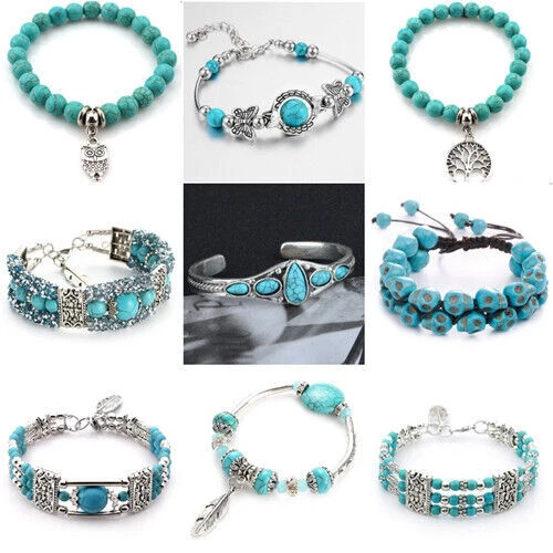 Women Tibetan 925 Silver Turquoise Open Bangle Cuff Bracelet Wedding Jewelrys