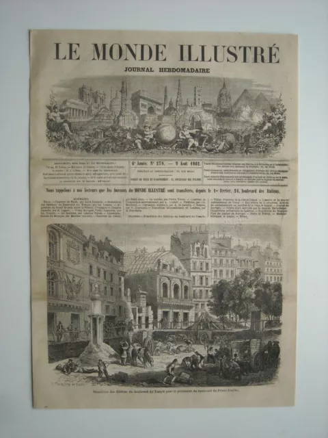 Gravure 1862. Paris. Demolition Des Theatres Du Temple, Perce Bld Prince-Eugene.