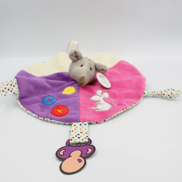 Doudou plat rond souris rose violet blanc pois RODA - 27879