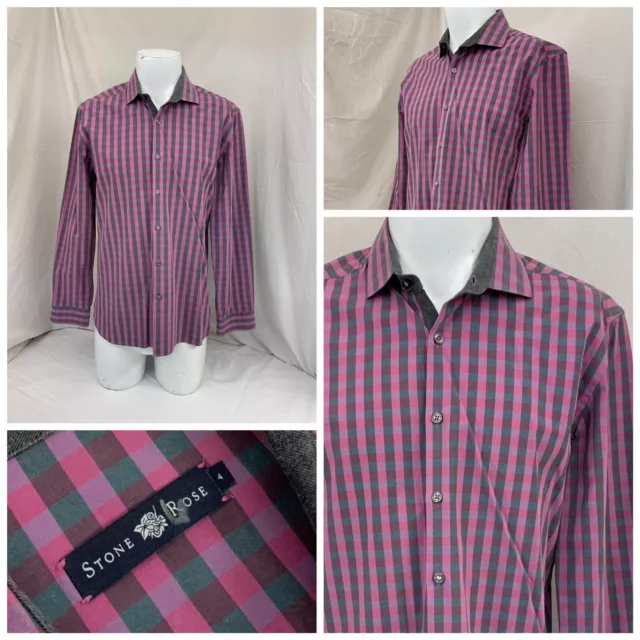 Stone Rose Flip Cuff Shirt M Men Pink Gray Stripe 100% Cotton Turkey YGI Q1-44