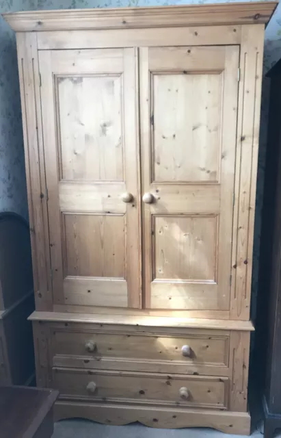 French style solid pine double wardrobe with 2 panelled doors 2 drawers & shelf