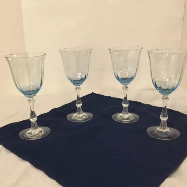 Set Of 4 Wilma Blue Claret Crystal Wine Glass By Fostoria 7 3/4”