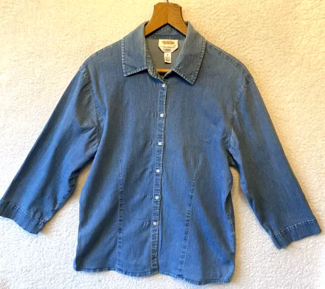 Talbots Medium Top Denim Button 3/4 Sleeve Vintage Blue Soft