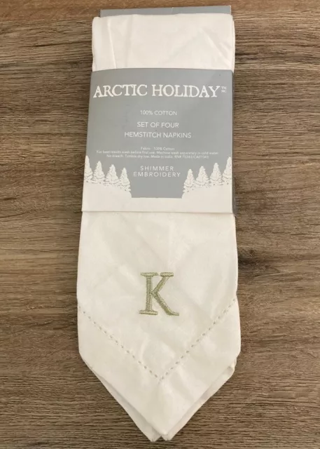 Arctic Holiday Cotton Hem Stitch White Napkins Embroidered Silver “K” Set/4