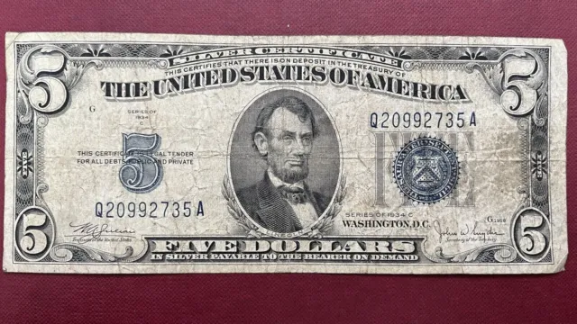 1934 C Five Dollar Silver Certificate $5 Bill Blue Seal Note Circulated #59014