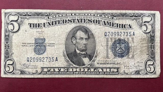 1934 C Five Dollar Silver Certificate $5 Bill Blue Seal Note Circulated #59014