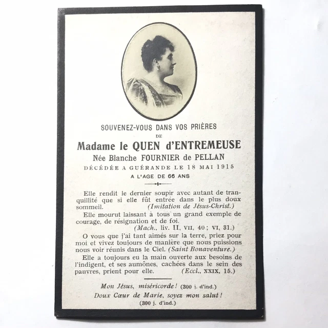 FAIRE PART DÉCÈS Mme Le Quen D’entremeuse 1915  Maire De Guerande Noblesse