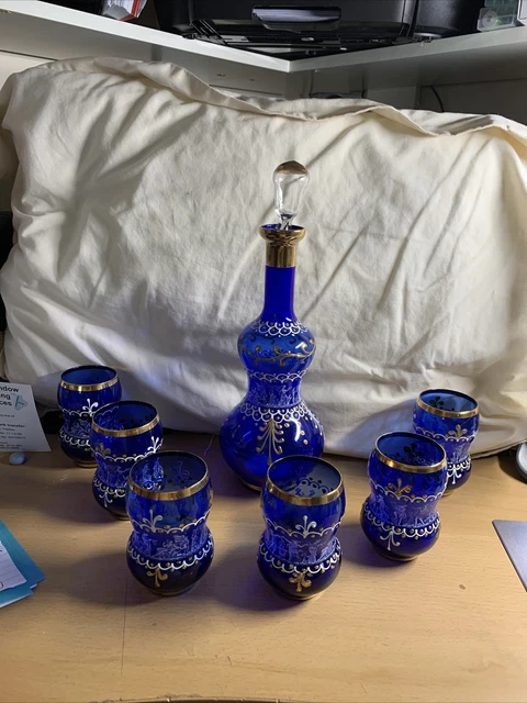 bristol blue bohemian decanter set 13" tall decanter A1 condition