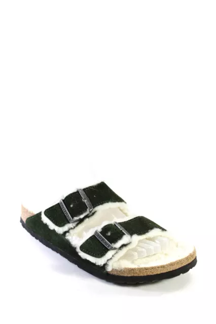 Birkenstock Womens Fur Lined Buckled Strapped Slip-On Slides Green Size EUR40