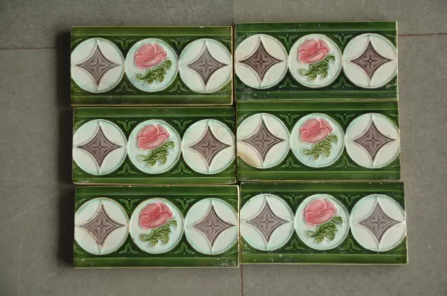 6 Pc Vintage Flower & Diamond Embossed Colorful Ceramic Tiles,Japan