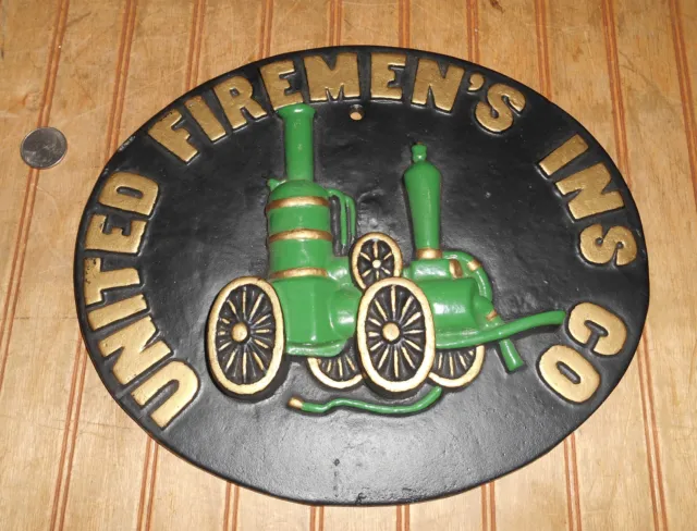 Vtg. United Fireman's Insurance Co Cast Iron 3-Dimensional 11X9 Wall Plaque Sign