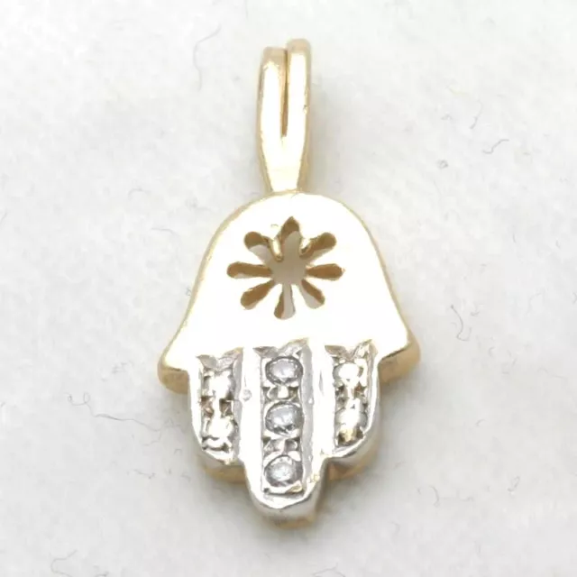 Vintage 14k yellow white gold Hamsa Pendant CZ Hand Judaica Flower Estate