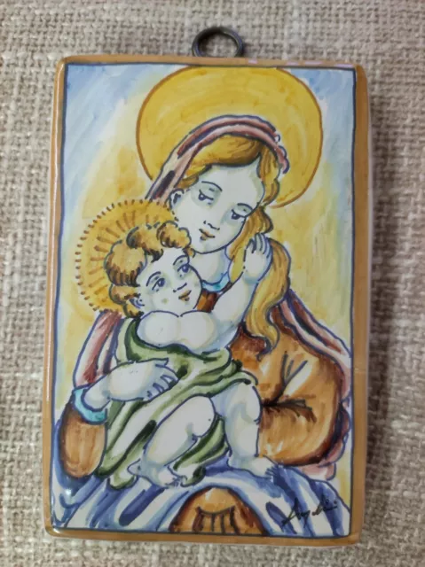 Mattone, in ceramica di castelli,con Madonna con bambino dipinto a mano