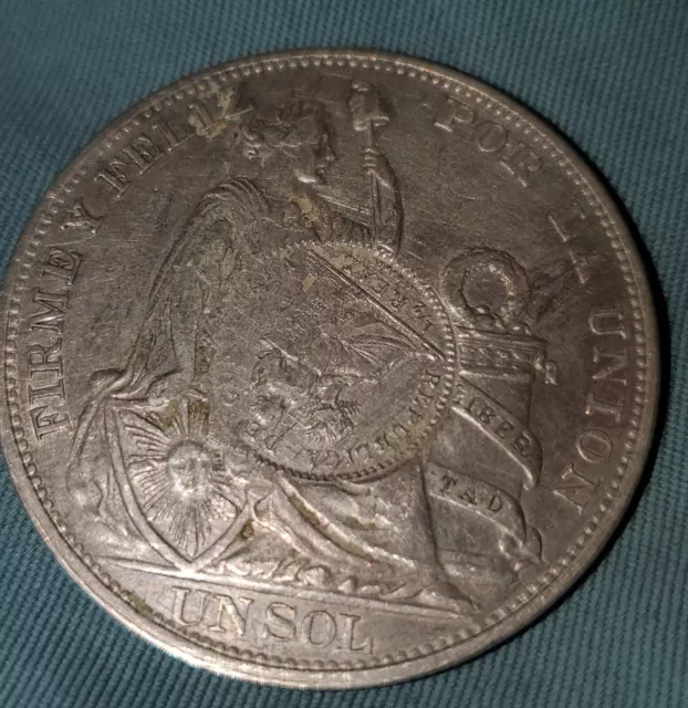 RARE Peru Un Sol .90% Silver Coin AU 1893 T.F. Mint Rare 1/2 Reale Counter