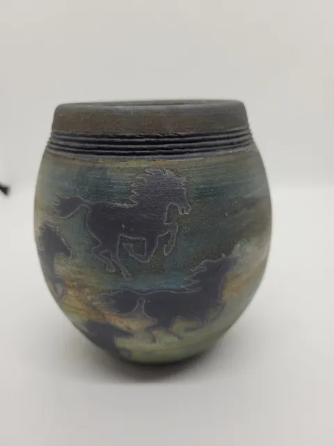 DILLER Jeremy Vintage Studio Art Pottery RAKU Wild Horse Western Cowboy Vase 5"