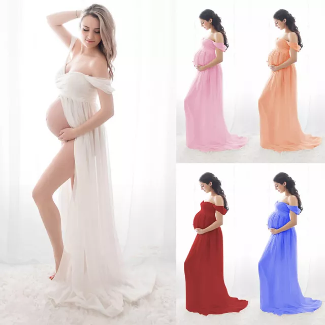 UK Pregnant Women Off Shoulder Maxi Dress Maternity Photography Photo Shoot Gown