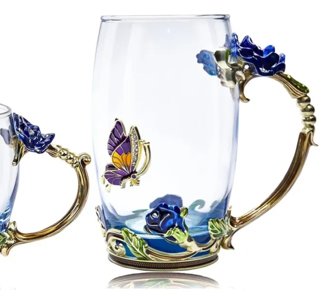 Enameled Clear Tall Glass Tea Cup Mug NO Spoon Blue Butterfly & Rose Décor