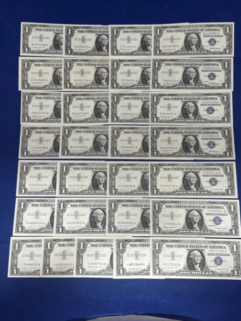 Large Lot of 29 Uncirculated $1 Silver Certificates w Star Notes 1957 M727
