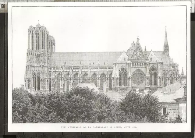 G522 / Gravure /  Vue D Ensemble De La Cathedrale De Reims Cote Sud
