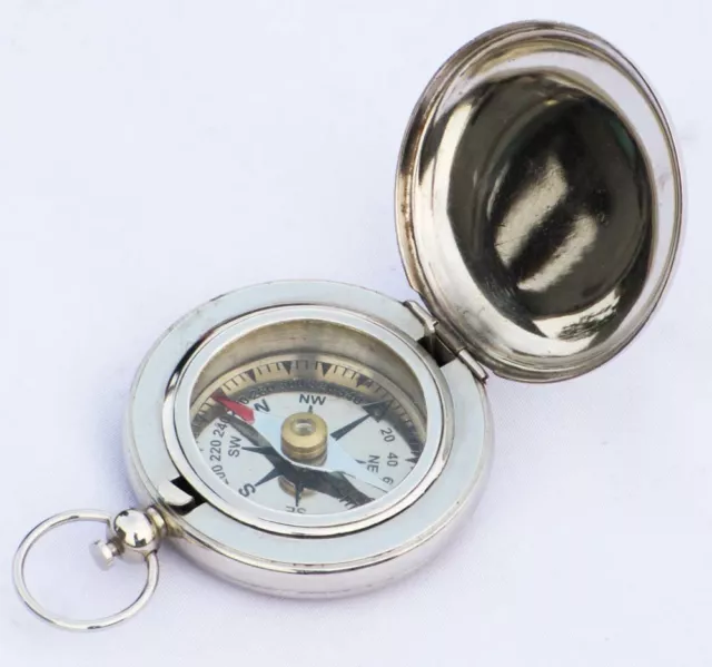 Solid Brass Nickle Push Button Nautical Pocket Compass Engraved Victorian Gift