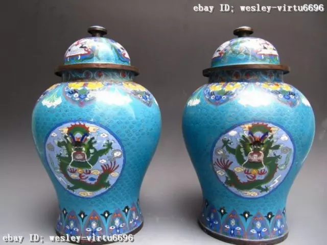 Royal Copper cloisonne enamel Two Dragon General Jar Tank pot Vase pair